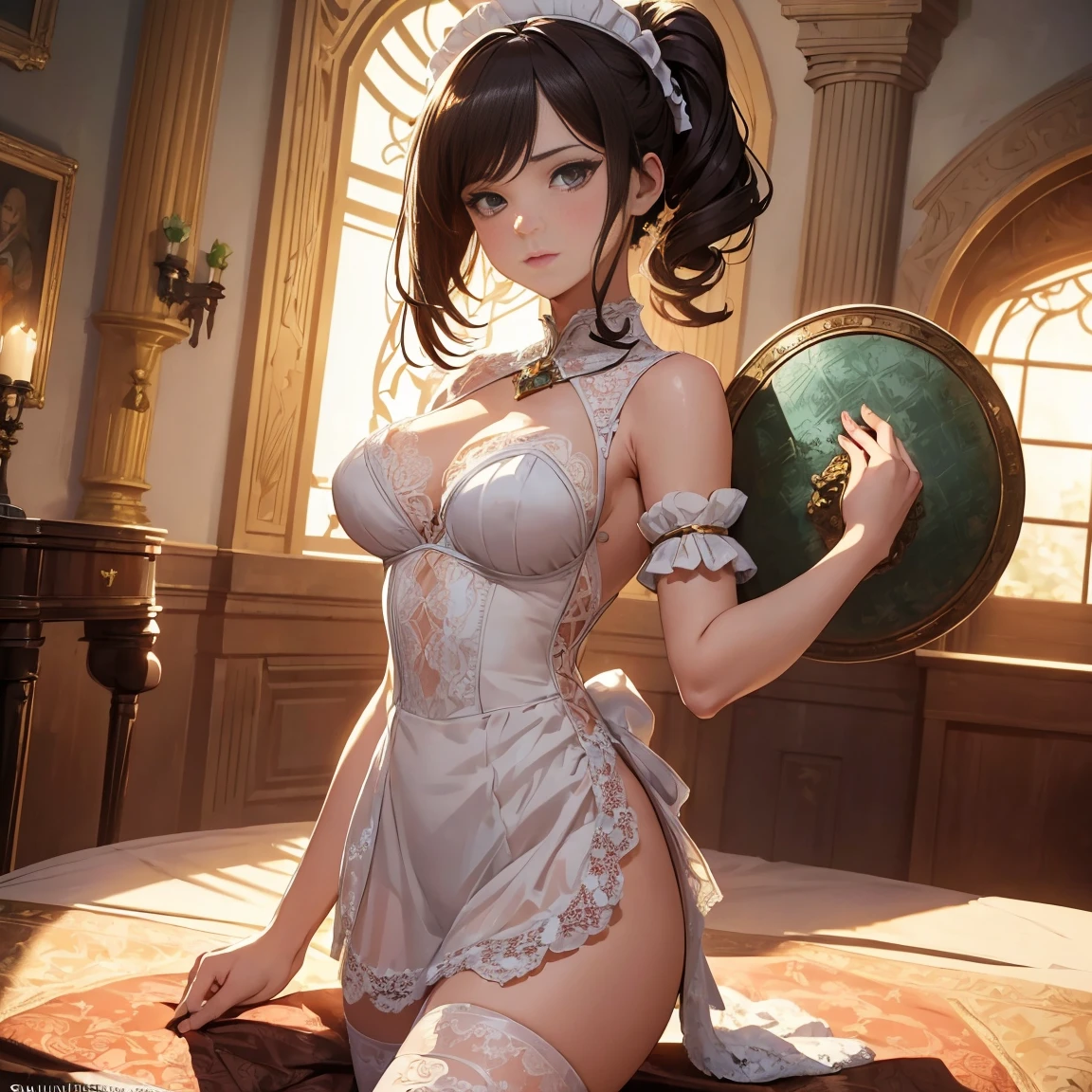 ((Masterpiece, Highest Quality)), Detailed Face, CharacterDesignSheet, full bodyesbian, Full of Details, multiple poss and expressions, Highly detailed, depth, many details,Beautiful maid,Holding the shield,Double Ponytail,fantasy style,Orange caramel,extremely beautiful,High balance, natural light, lace,lace tights,Sunny decor,Star Decoration