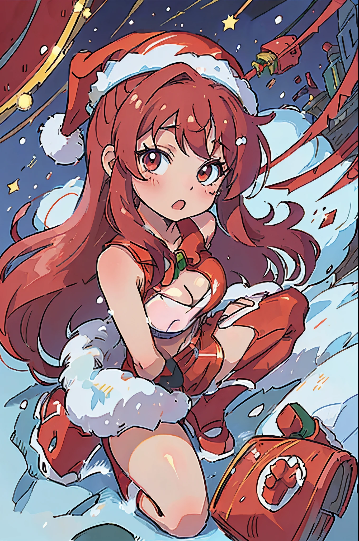 anime stylish girl, Wearing a Santa hat、 red clothing、 christmas night, 1990s anime