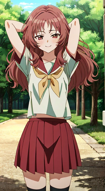 2d, masterpiece, best quality, anime, highly detailed background, perfect lighting, (beautiful, best quality:1.1), masterpiece, perfect eyes,
(beautiful), erotic, 1girl,
ai_mie, long hair, red eyes, red hair, small breasts, (squint eyes:1.2),
skirt, brown eyes, school uniform, short sleeves, red hair, pleated skirt, shoes, serafuku, socks, kneehighs, red skirt, forest, dark sky, contrapposto, smile, spread armpits, cowboy shot, sleeveless, {arms behind head}, shy, blushing,