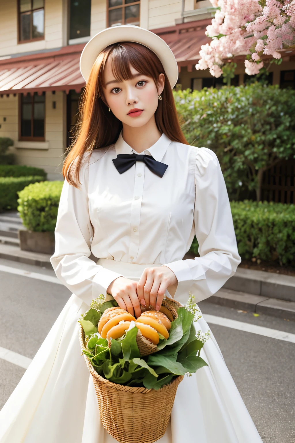 1个Giant Breast Girl, (((tmasterpiece, Best quality at best))),(actual, realisticlying), purpleish color_evergarden, cow boy shot, Black hair, woven, Redhead ribbon, By bangs, , Blue long sleeves, jewely, Brown eyes, brooch, ascot, ((a white long skirt)), looking at viewert, The upper part of the body, Normal fingers, Slim fingers, Outdoor activities, ((borgar)),((house)) the street, green plant, blossoms,