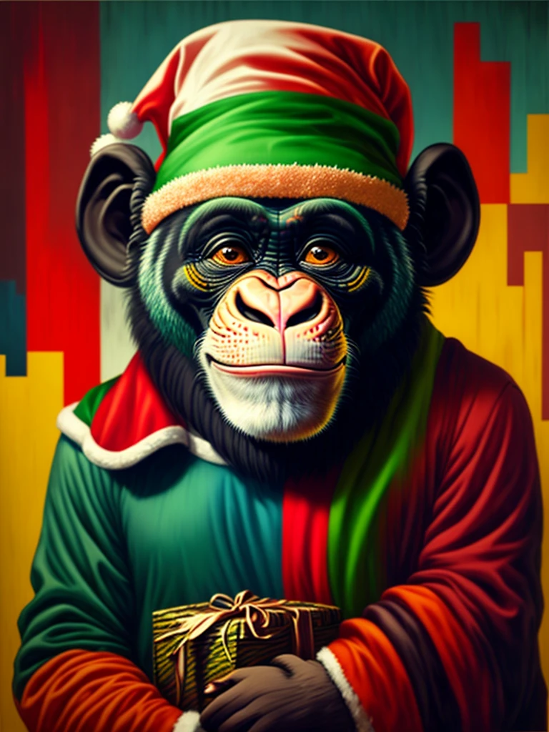 AN ULTRA REALISTIC CHIMPANZEE DRESSED AS SANTA CLAUS 32k lots of smile,EDUARDO KOBRA ,ROMERO Brito,Nashimura,ao fundo enfeites de Natal.