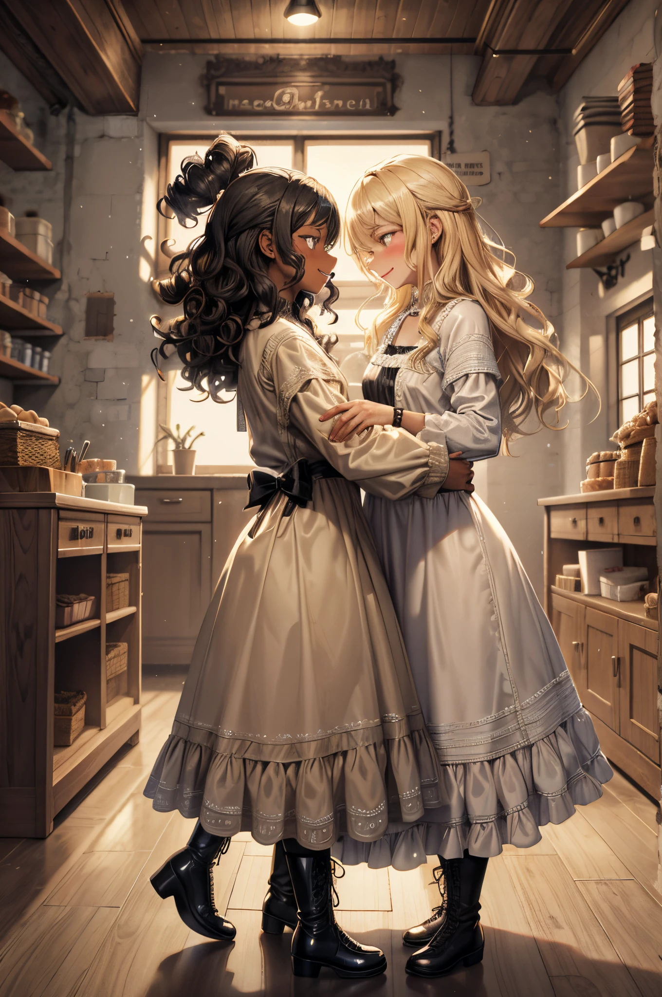 A black girl with black curls and a blonde girl with straight hair dance with each other in an old bakery, Have fun dancing, geschlossene Augen, viktorianische Kleider, augen zu