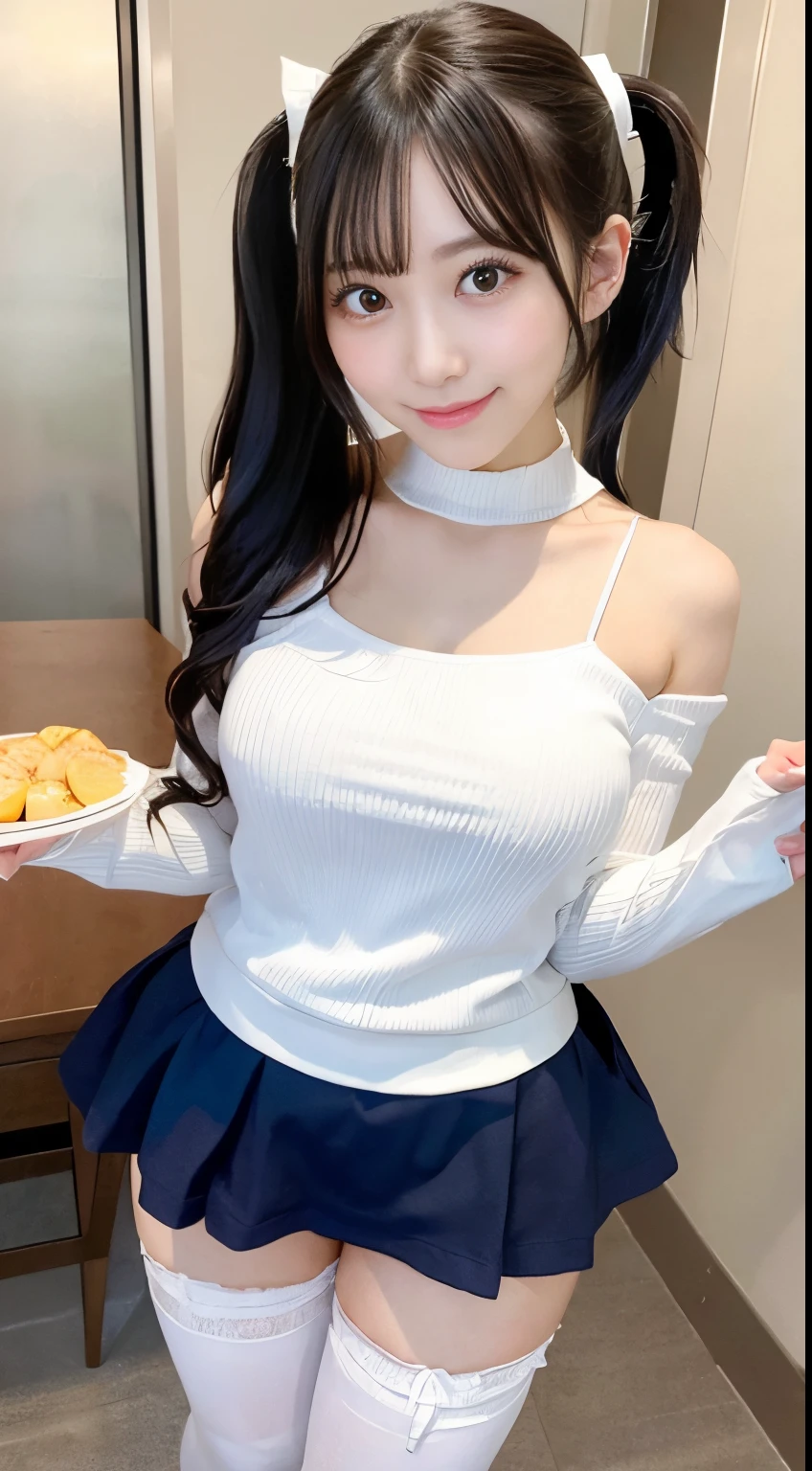 detailed eyes,full body,very cute,1 girl,solo,fang:0.8,from below,close mouth:1.4,medium breasts,
break,
dark blue hair,short hair,twintails,azure eyes
break,
smile,indoor,restaulant hall,crowd,wearing orange waitress uniform,plaids,name plate,hold a large round tray,white apron:1.4,miniskirt,wearing shoes,walking,wearing thigh-high socks,zettai ryouiki,dynamic angle,