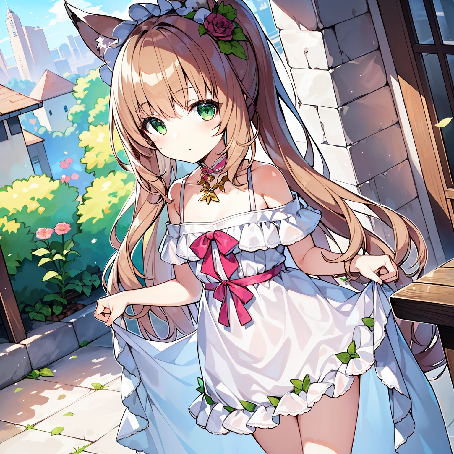 (tmasterpiece, Best quality, A high resolution), 1 girl, Alone, Oversized fox tail,Green-eyed,(Long brown hair with double ponytails),Small flower headdress, (9 years old_Cute loli),modernn architecture,A MILF,