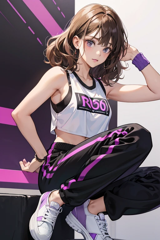 Lisa has curly, brown highlighted hair. She wears a black cropped running tank with purple trims. There is a white sticker displaying the number "801" with a purple line above and below it attached to the bottom-right side of her shirt. She wears white and purple sweatbands around her wrists, and dark purple sweatpants with white side stripes. She wears white and black shoes with purple laces