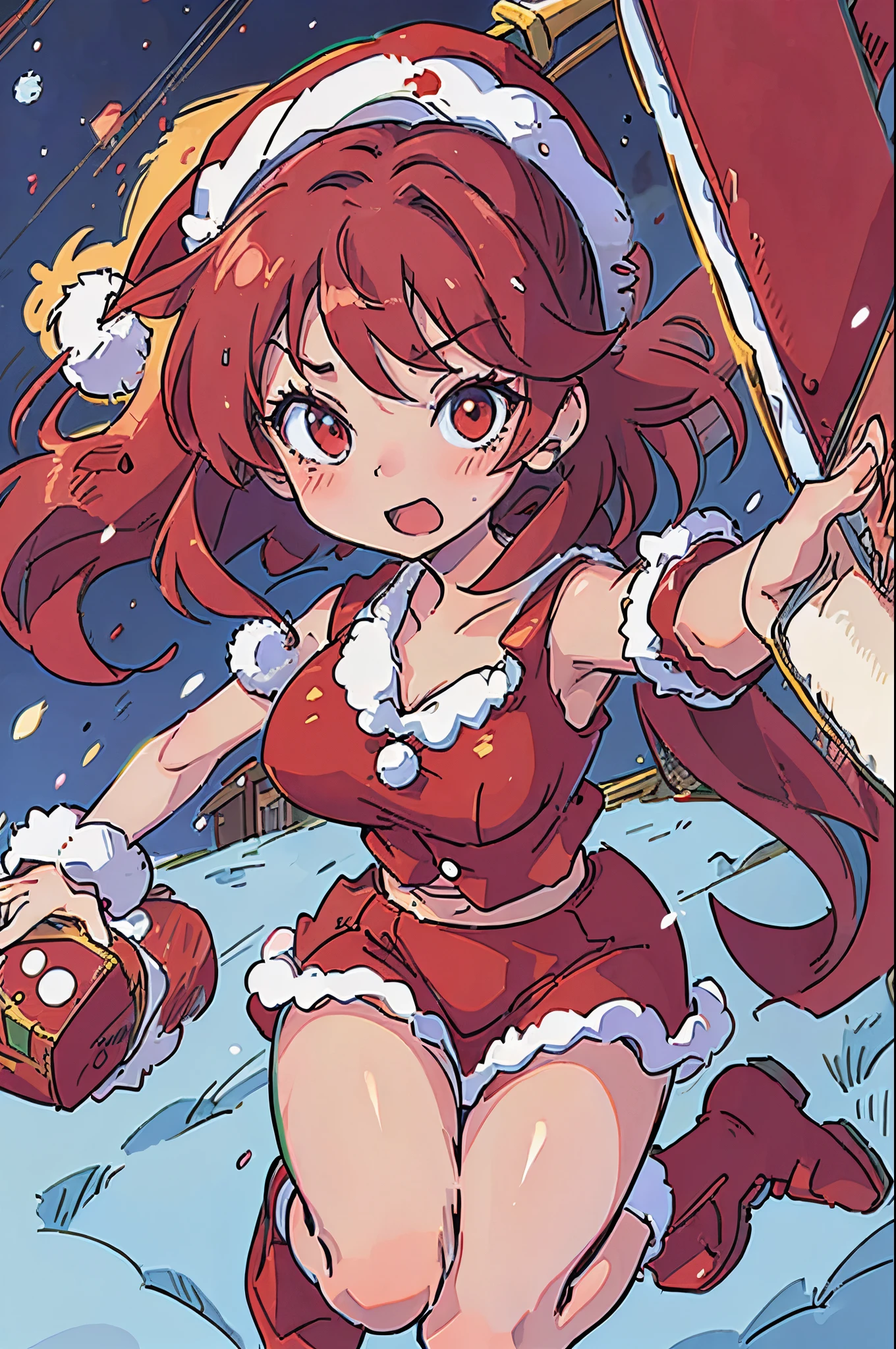 anime stylish girl, Wearing a Santa hat、 red clothing、 christmas night, 1990s anime