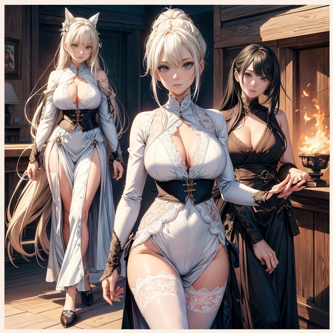 Character Sheets, Three types，Shot Full Body，Game Character Design，((Masterpiece, Highest Quality)), Detailed Face, CharacterDesignSheet， full bodyesbian, Full of Details, multiple poss and expressions, Highly detailed, depth, many details，Martial Arts Girl，white and black，holds a spear，Double Ponytail，fantasy style，Surrounded by flames，extremely beautiful，High balance, natural light, lace，lace tights