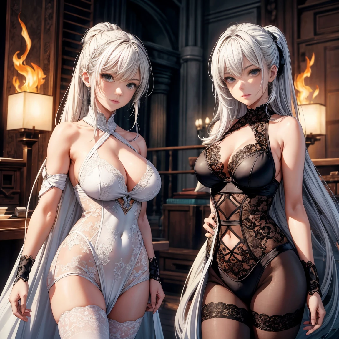 Character Sheets, Three types,Shot Full Body,Game Character Design,((Masterpiece, Highest Quality)), Detailed Face, CharacterDesignSheet, full bodyesbian, Full of Details, multiple poss and expressions, Highly detailed, depth, many details,Martial Arts Girl,white and black,holds a spear,Double Ponytail,fantasy style,Surrounded by flames,extremely beautiful,High balance, natural light, lace,lace tights