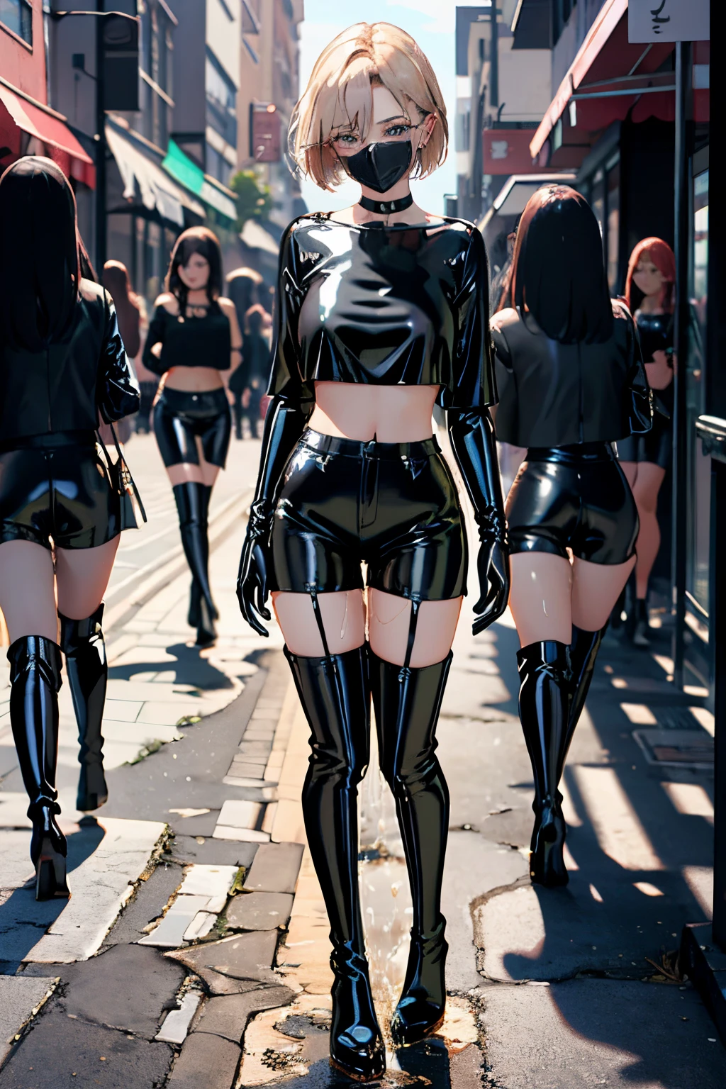 highres, beautiful women, high detail, good lighting, lewd, hentai, (((black latex shorts))), (((black latex thigh high boots))), black latex top, bare midriff, (bare thighs), (black latex gloves), leather choker, wet shorts, (((wetting herself))), (peeing herself), peeing stain, (puddle), (thick thighs), nice long legs, lipstick, detailed face, pretty face, seductive face, sexually aroused, sexually excited, (full body shot), ((in public city sidewalk))