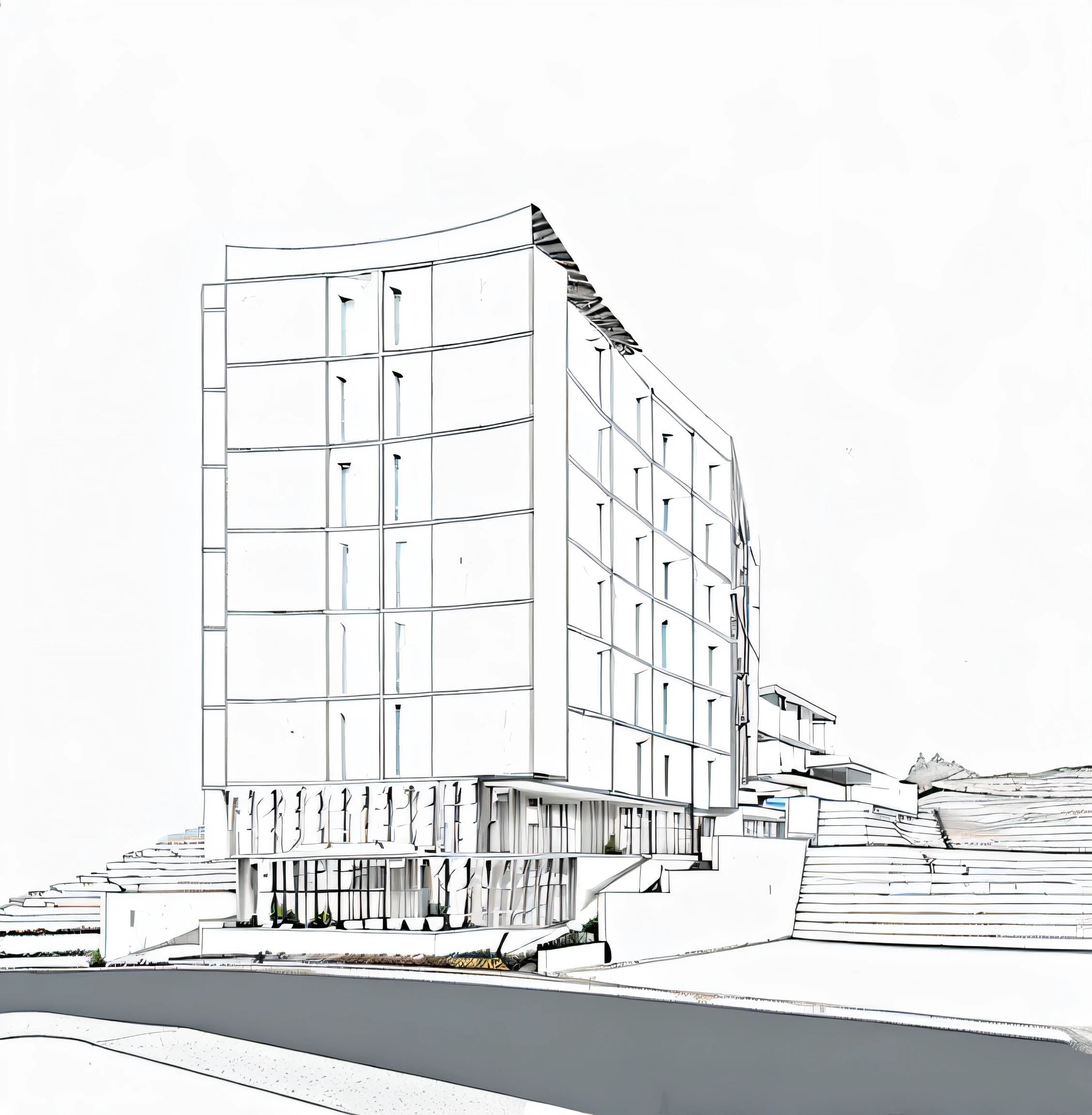 Side view a hotel on the hill, modernism architecture, natural render, concrete and marble facade, countryside, natural light --ar 16:9