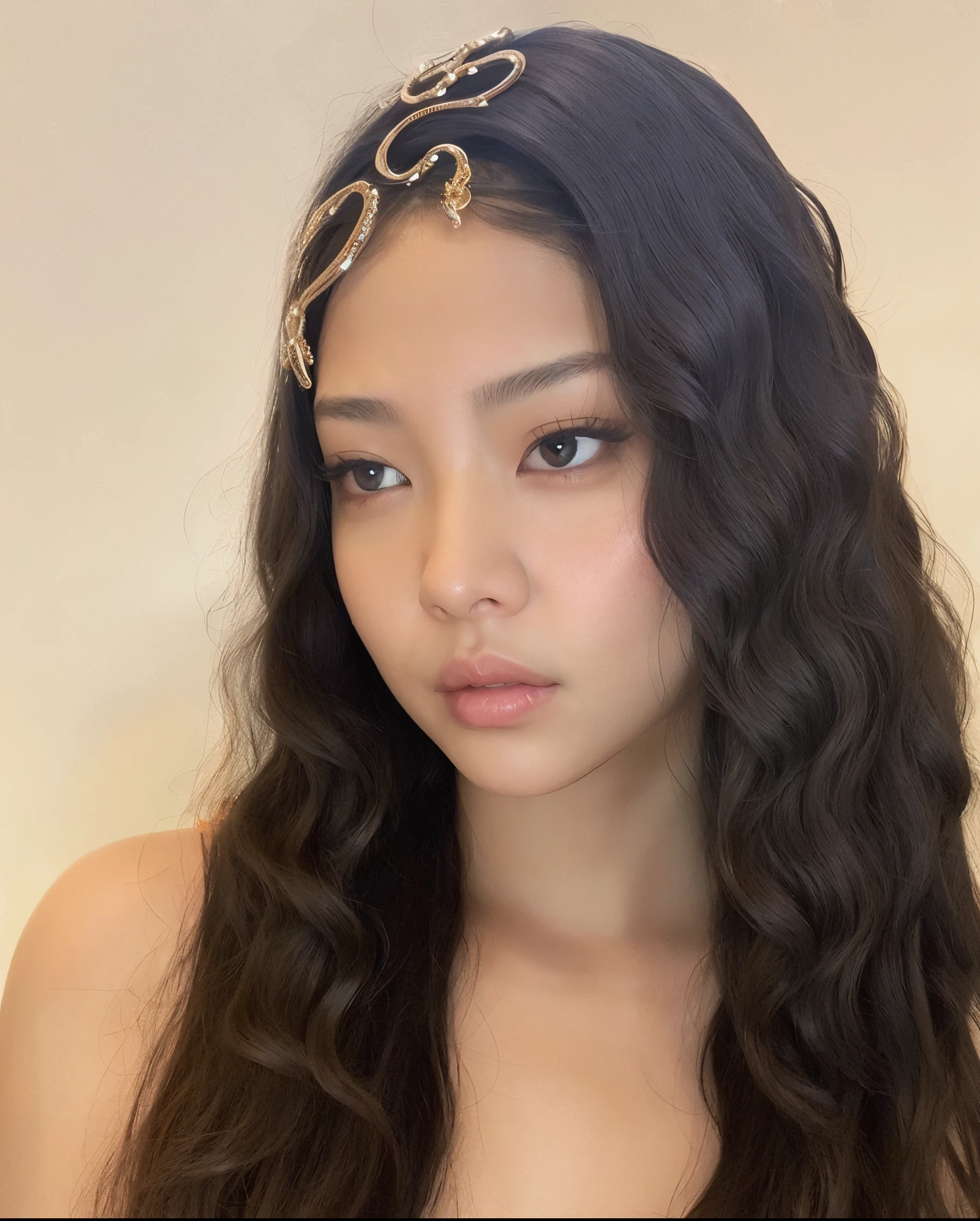cropped woman with long hair wearing a headband and a black top, jennie blackpink, com longos cabelos cacheados