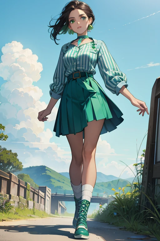 Rita has medium dark skin with dark brunette hair and green eyeshadow. She wears a two-tone, green-striped, tucked in shirt with a sky blue collar and sleeves. She also wears a sky blue skirt with a white riveted belt, and white shoes with green laces.