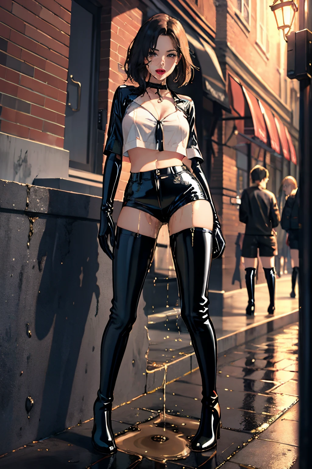 ubel,dark green hair,long hair,side ponytail,hair between eyes,bangs, BREAK (beret, black jacket, open clothes, cleavage, midriff, black shorts, black thighhighs, thigh strap, fingerless gloves, single glove:1.2) BREAK blurry background, BREAK pose, hand on hip, BREAK (masterpiece:1.2), best quality, high resolution, unity 8k wallpaper, (illustration:0.8), (beautiful detailed eyes:1.6), extremely detailed face, perfect lighting, extremely detailed CG, (perfect hands, perfect anatomy),