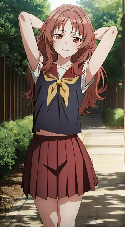 2d, masterpiece, best quality, anime, highly detailed background, perfect lighting, (beautiful, best quality:1.1), masterpiece, perfect eyes,
(beautiful), erotic, 1girl,
ai_mie, long hair, red eyes, red hair, small breasts, (squint eyes:1.2),
skirt, brown eyes, school uniform, short sleeves, red hair, pleated skirt, shoes, serafuku, socks, kneehighs, red skirt, forest, dark sky, contrapposto, smile, spread armpits, cowboy shot, sleeveless, {arms behind head}, shy, blushing,