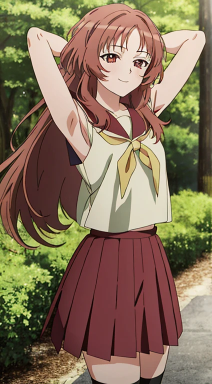 2d, masterpiece, best quality, anime, highly detailed background, perfect lighting, (beautiful, best quality:1.1), masterpiece, perfect eyes,
(beautiful), erotic, 1girl,
ai_mie, long hair, red eyes, red hair, small breasts, (squint eyes:1.2),
skirt, brown eyes, school uniform, short sleeves, red hair, pleated skirt, shoes, serafuku, socks, kneehighs, red skirt, forest, dark sky, contrapposto, smile, spread armpits, cowboy shot, sleeveless, {arms behind head}, shy, blushing,