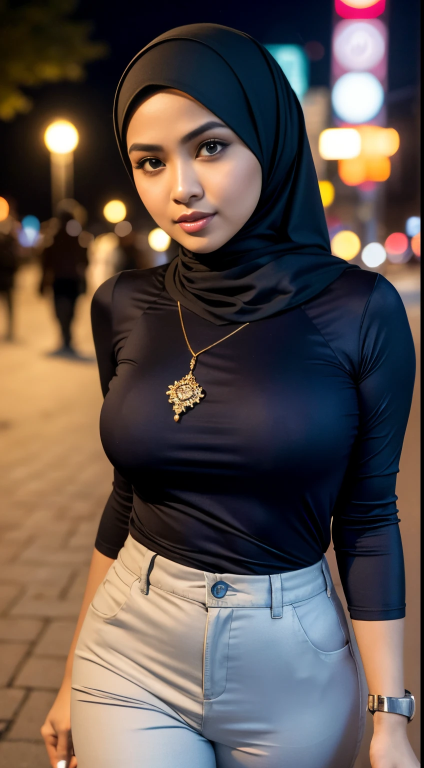 cowboy_pose,naughty, (iu:0.8),cleavage, RAW, Best quality, high resolution, Masterpiece: 1.3, Beautiful glasses sexy hijabi in elaborate park at night, Masterpiece, Soft smile