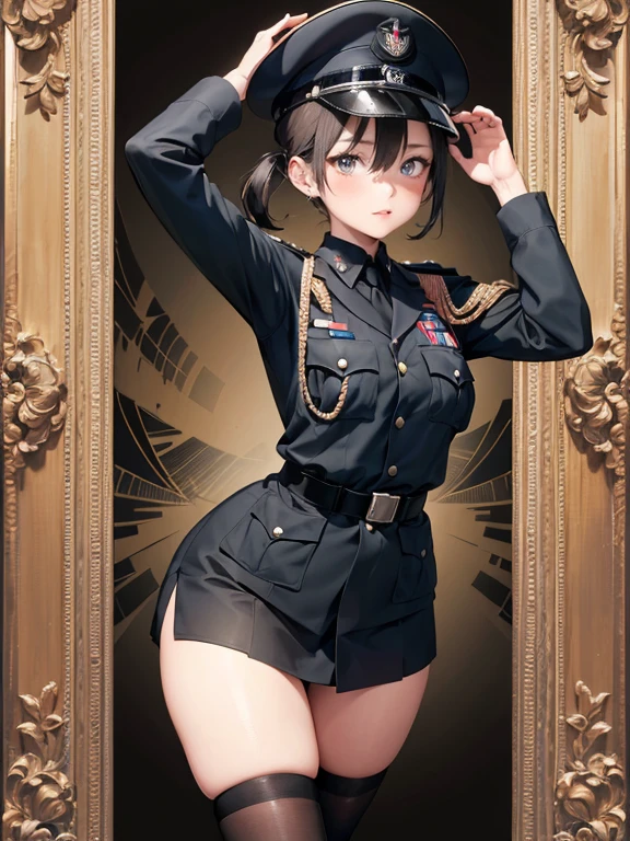 wearing black german ww2 officer uniform, , absurdres, highres, (official art, beautiful and aesthetic:1.2), real, 4k, 8k,
(1girl:1.2), (fractal art:1.15), zentangle, colorfull effects, flat chest, blush,