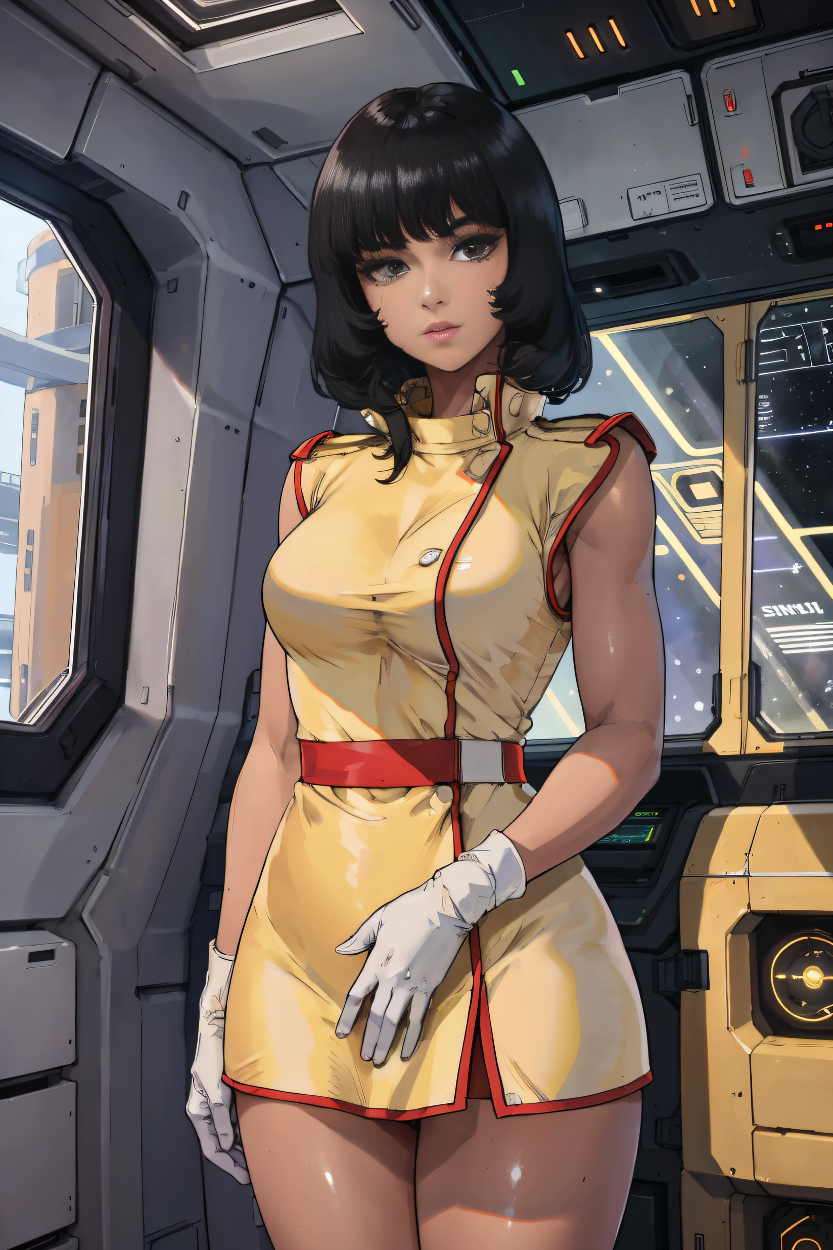 8k,(masterpiece:1.4)(best quality:1.4),(top quality), 1girl,fayuiry,black hair, black eyes, yellow dress, uniform, inside spaceship, galaxy, window ,indoors, standing, looking at viewer, solo focus,(shiny skin),steaming body ,