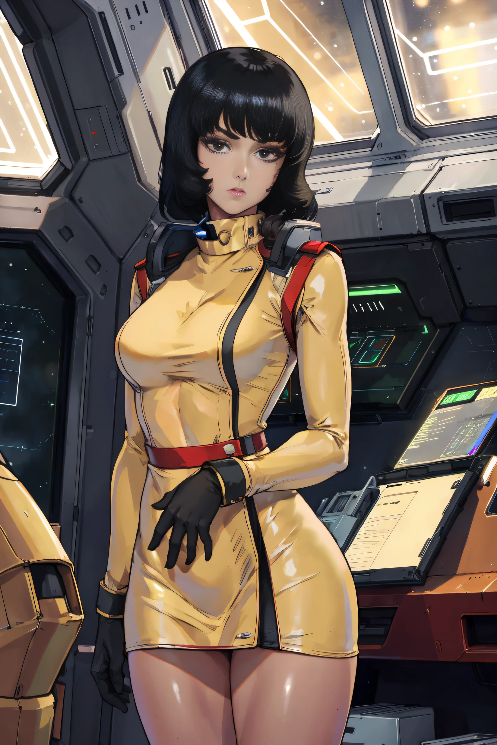 8k,(masterpiece:1.4)(best quality:1.4),(top quality), 1girl,fayuiry,black hair, black eyes, yellow dress,  uniform, inside spaceship, galaxy, window ,indoors,  standing,  looking at viewer,  solo focus,(shiny skin),steaming body ,