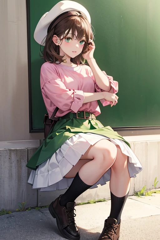 Radlynn is a young girl with short café brown hair, mid-tone skin, and wears a radish-colored hat that covers her eyes, which has green radish leaves attached on top. She also wears a green long-sleeved shirt underneath a pink T-shirt with a picture of Radley Madish. She wears a white skirt held by a pale green belt with a brown buckle and black sneakers with a white front, pink laces, and brown soles.