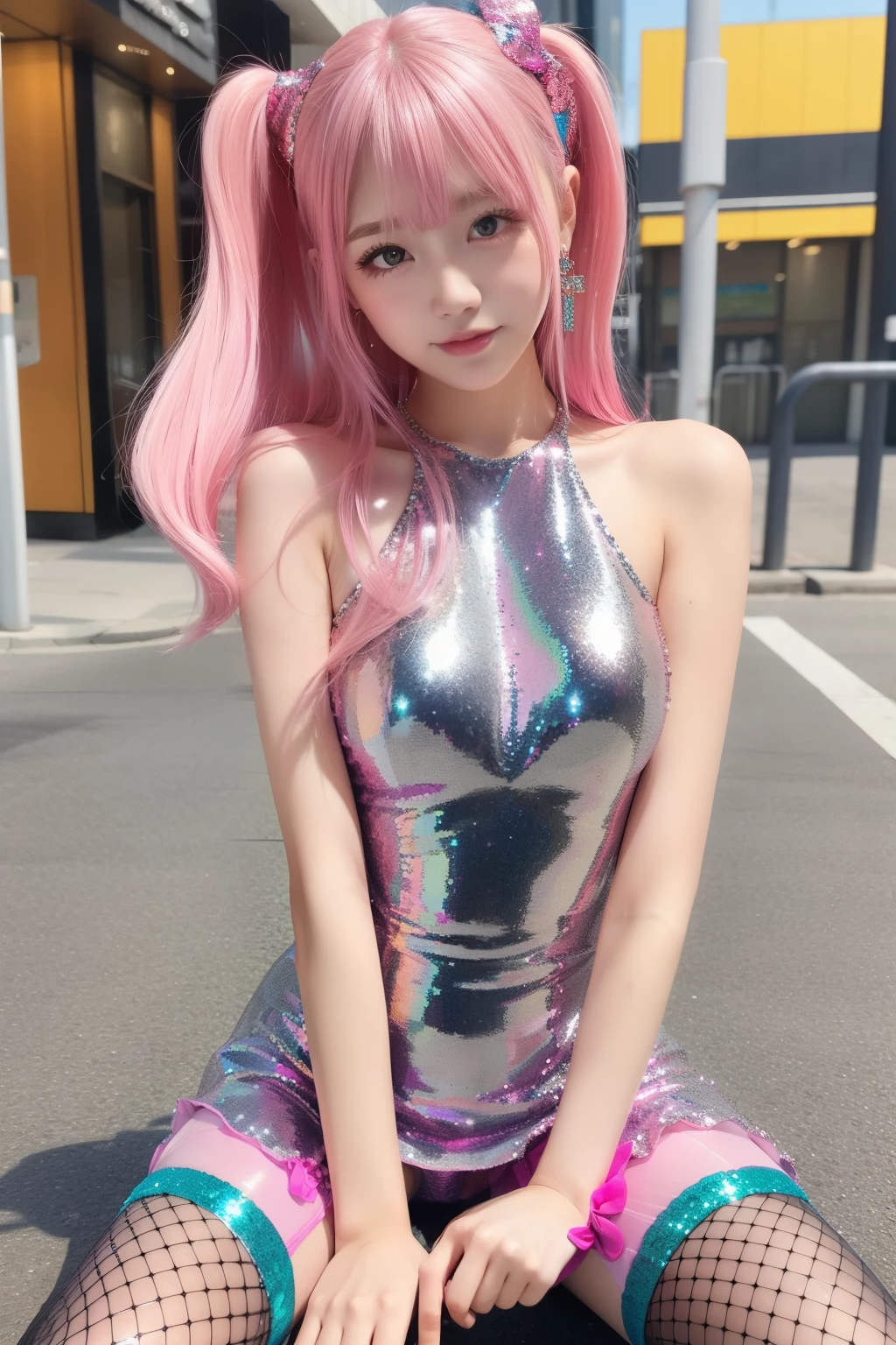 infp young woman、、full body Esbian、Innocent idol face、Shiny pink sequin tight mini dress、、Colorful hair、fishnet tights、