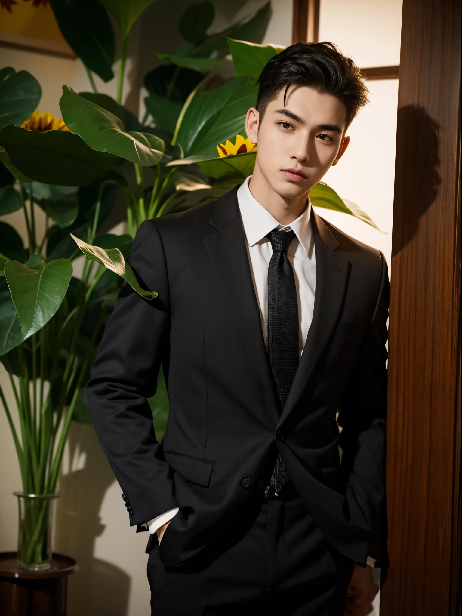 male, 20 year old boy, black eyes, slick back, suit, half body photo, head facing the camera, room, jungle, sunflower