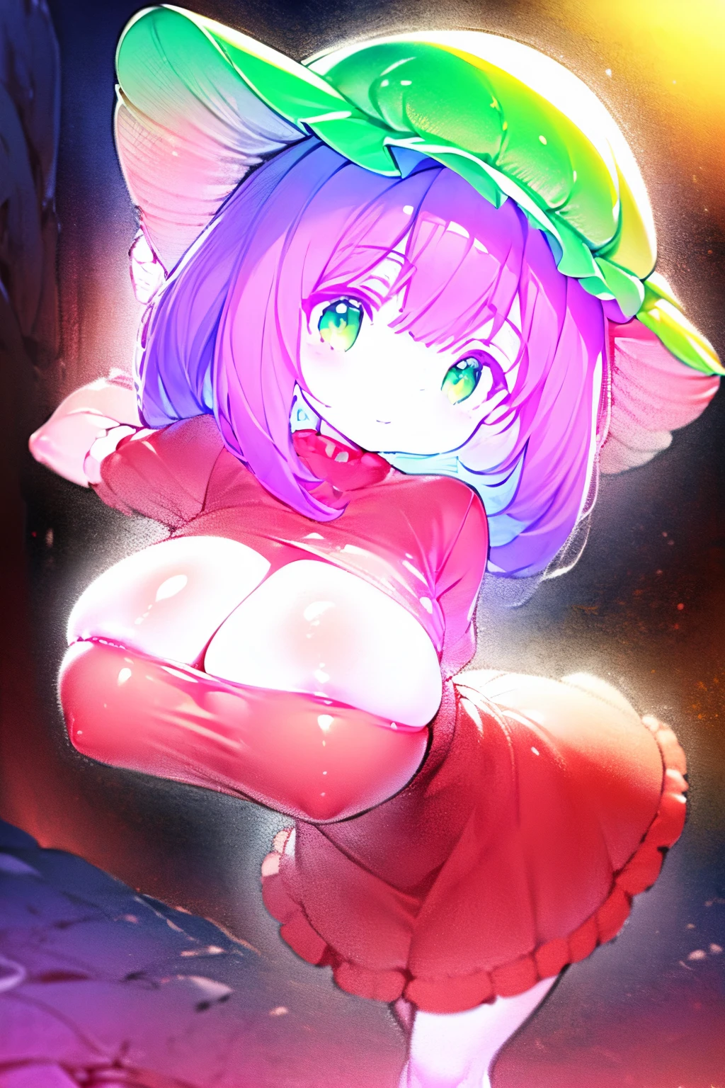 ((masterpiece, high quality, best quality)) 1 girl, (oppai ), (long brown hair and glowing green eyes), glossy skin, blushing, slender, slim, anatomically correct, large breasts, SFW, forest, Mushroom_Girl, Glowing, red cap, neon, red dress