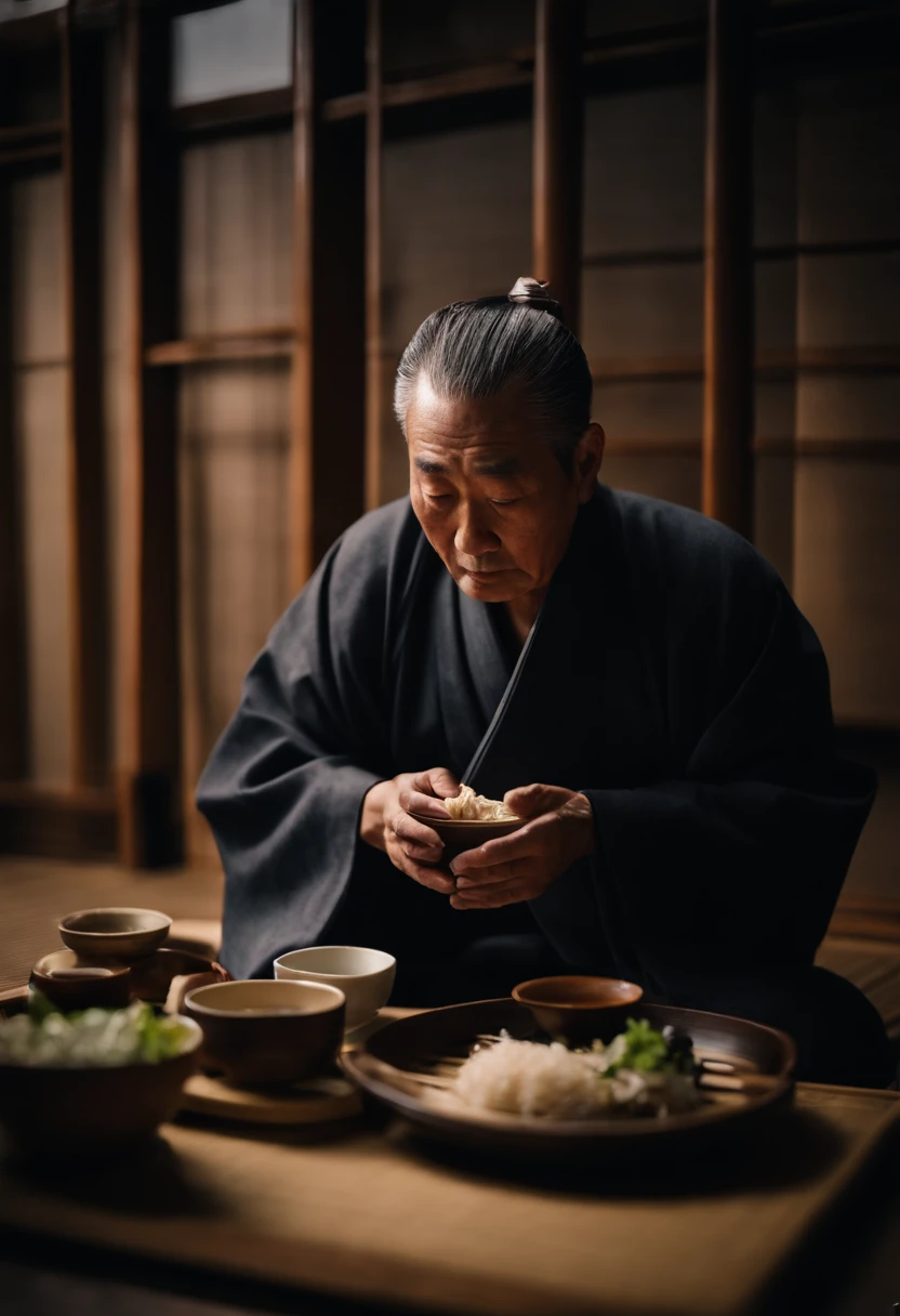 Japanese rakugo performer stage、Pretending to eat soba、60 year old rakugo performer、