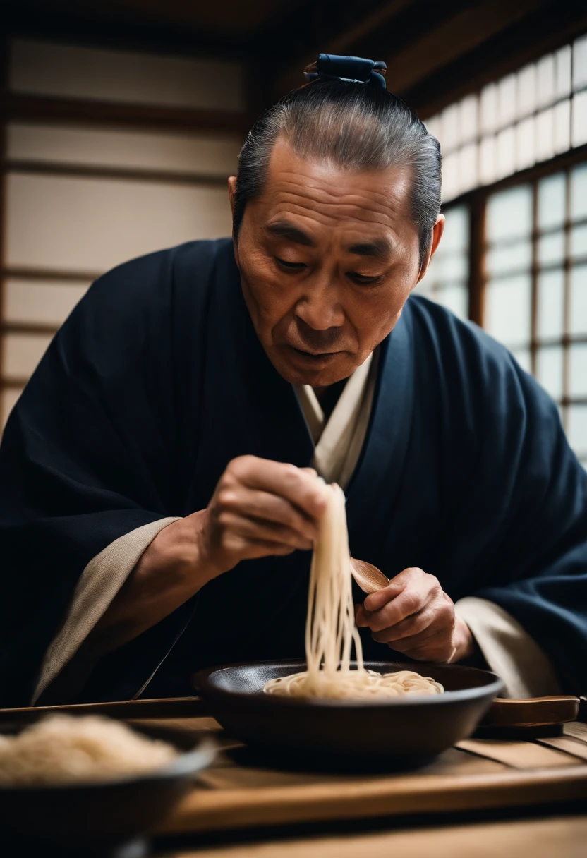 Japanese rakugo performer stage、Pretending to eat soba、60 year old rakugo performer、