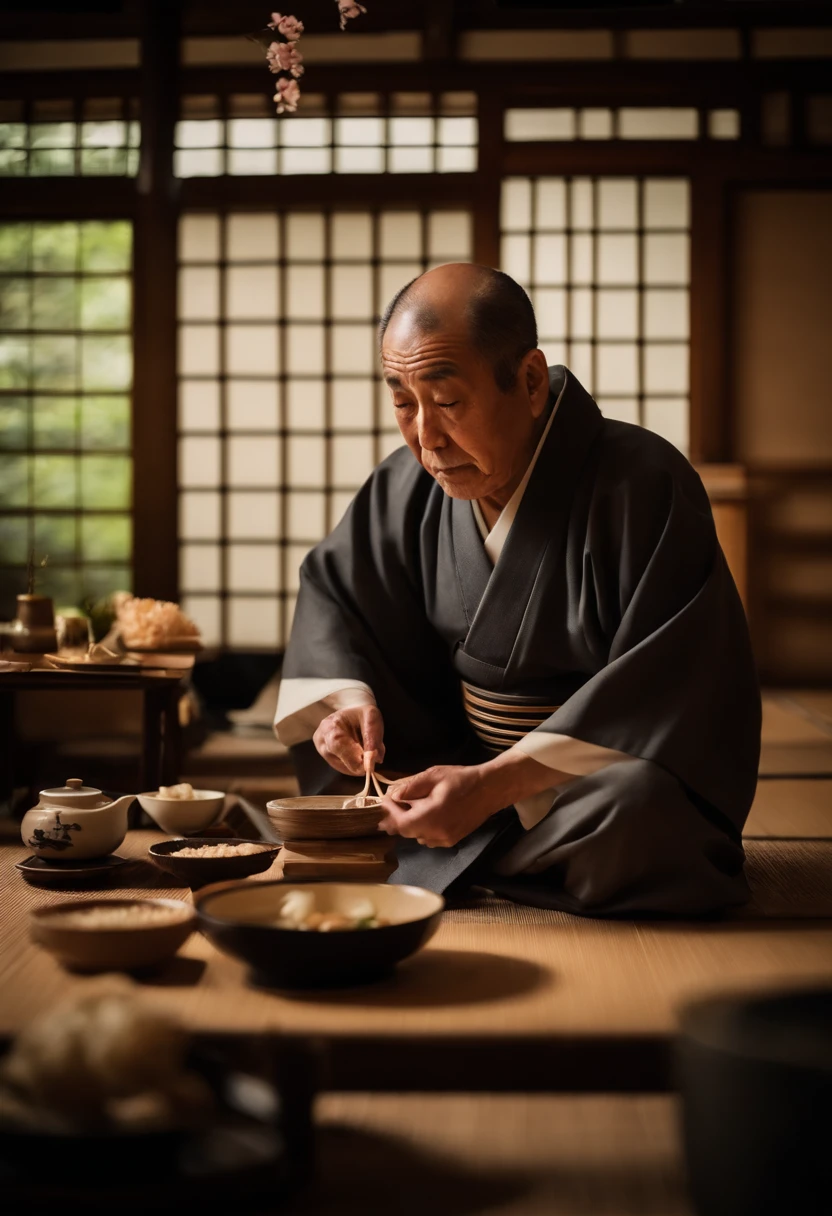 Japanese rakugo performer stage、Pretending to eat soba、60 year old rakugo performer、