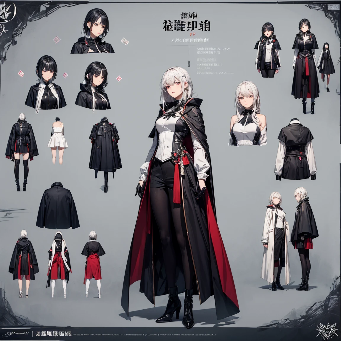 Character Sheets, Three types,Shot Full Body,Game Character Design,white colored hair,red-eyes,Arknights anime character wearing a black cape,Full body concept art depicted in detail.,The costumes are well designed,suit with blue inserts,Character concept art style,anime full body illustration,Full of Details,full body character concept, full of brightness,The nature of the adoptee,Full body to take,Presents a perfect all-round image。