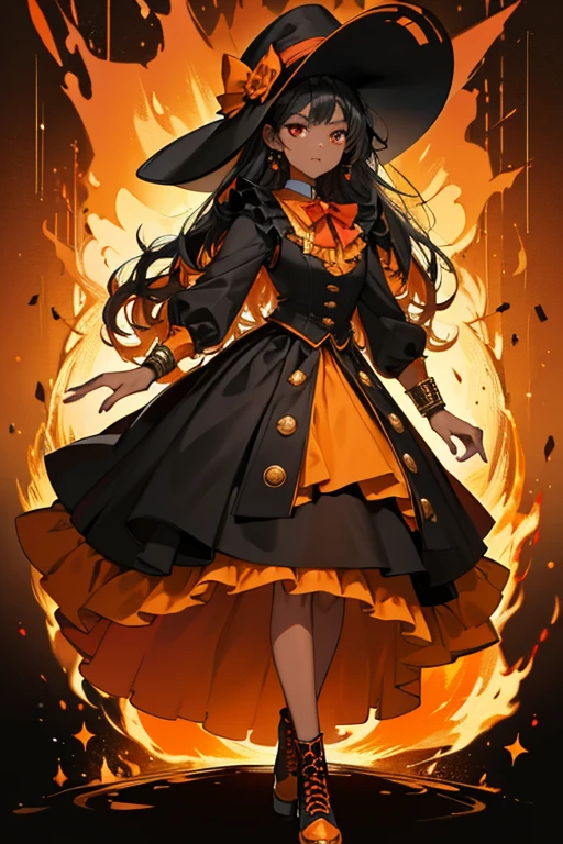 Mesa has dark skin, long curly black hair, black eye shadow, and thin eyebrows. She wears a small golden orange hat with a red bow, a black and red collared shirt with golden orange buttons and black diamonds with a golden orange necklace. She also wears a red Bavarian vest with golden orange buttons and pockets, a black long skirt with a flame pattern of golden orange and red, and golden orange shoes with red laces, black sole, and a red star. She also wears golden orange studded bracelets with black accents.