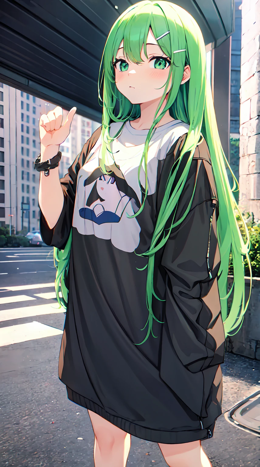 10 year old, 1girl, young girl, anime style, skinny body, Anime young girl wearing crop top black hoodie, skinny jeans pants, blue long hair with hair-clip, green eyes colour, pose picture of her cute pose, straight on street of towers, anime art wallpaper, detailed, 8k, high quality, (oversized clothes:1.6), (worried:1.6)