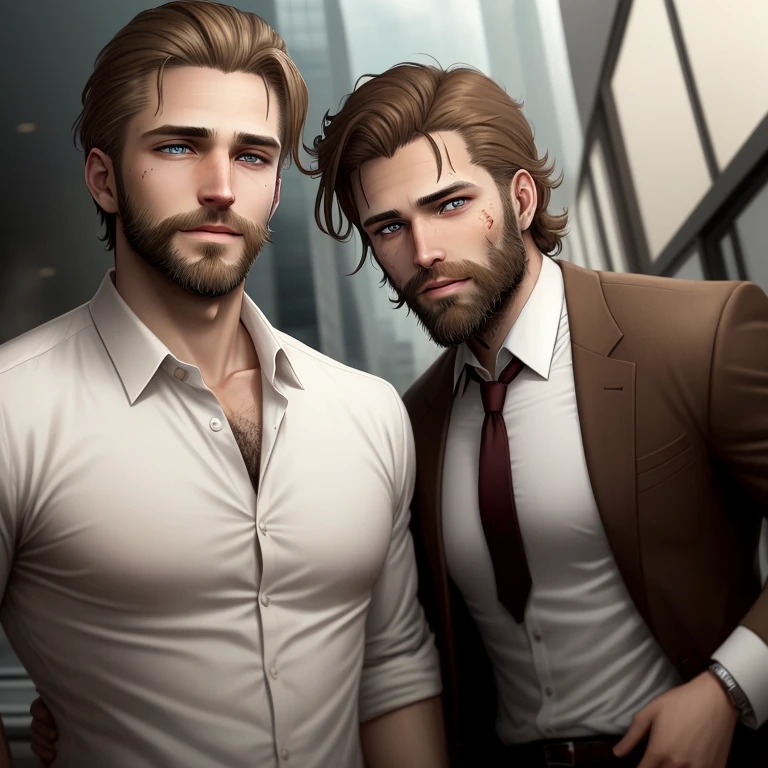 White businessmen with light brown hair, hazel eyes, and a scruffy beard in a zombie apocalypse