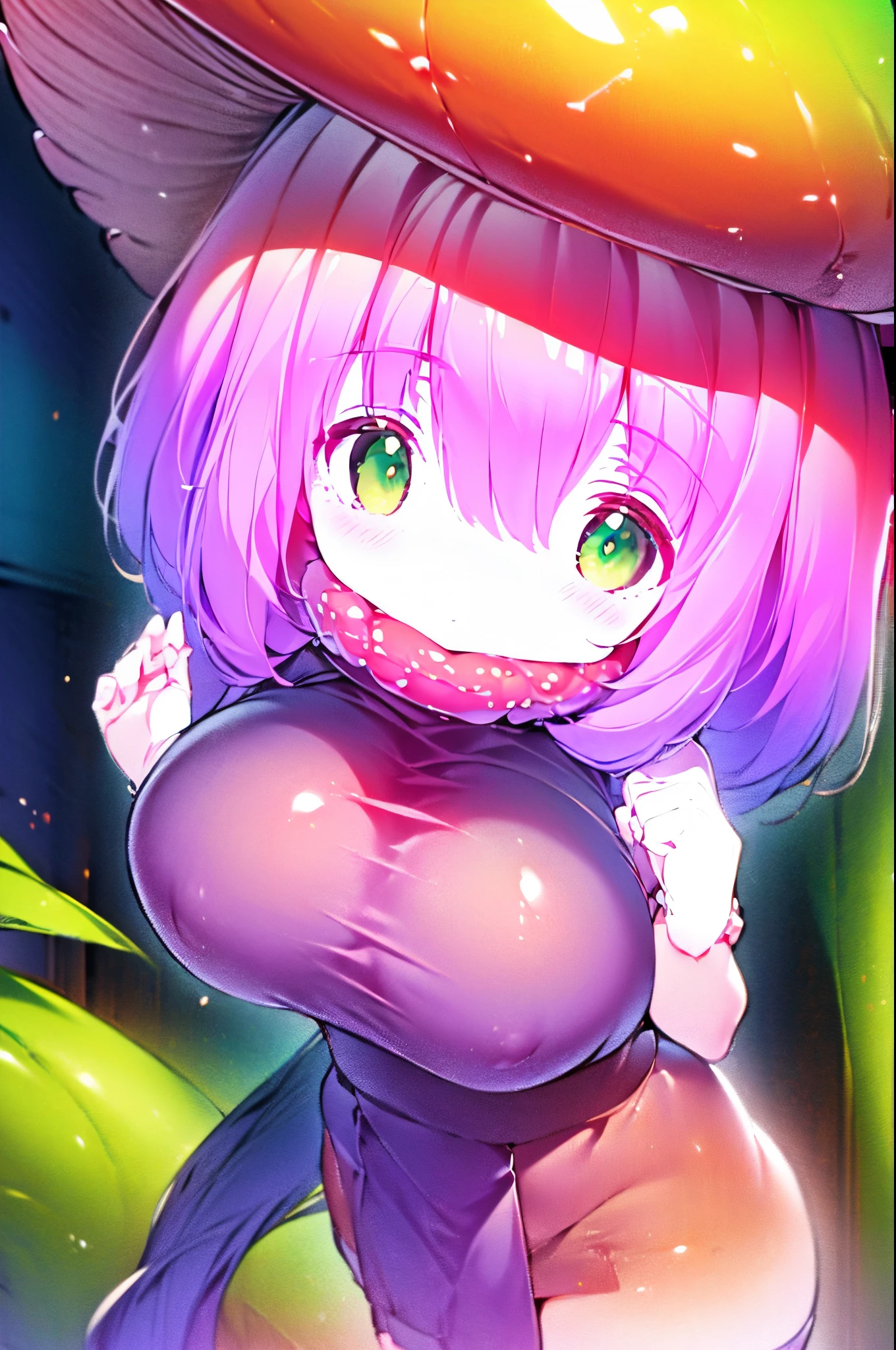 ((masterpiece, high quality, best quality)) 1 girl, (oppai loli), (long brown hair and glowing green eyes), glossy skin, blushing, slender, slim, anatomically correct, large breasts, SFW, forest, Mushroom_Girl, Glowing, red cap, neon, red dress