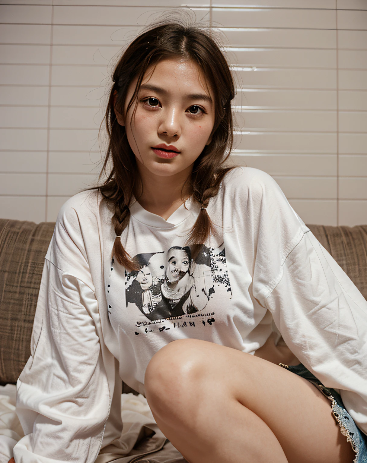 Missionaries, Sex, Vaginal, One girl, One boy, penis, Lie in, White T-shirt, Bottomless, Medium Hair,( Two-tone hair ), No correction, Voice of the Heart, smile, Mouth closed, blush, Cuckold uncle Super big