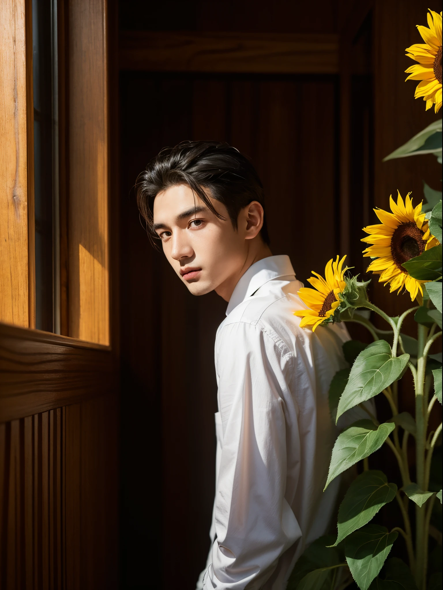 male, 20 year old boy, black eyes, slick back, shirt, half body photo, head facing the camera, room, jungle, sunflower