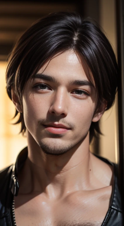 ((Men only)), (head shot), (only face), (Handsome muscle man in his 20s), (Leon Kennedy), (Mischievous smile), (detaile: 1 in 1), Natural muscles, HIG quality, beautidful eyes, (Detailed face and eyes), (Face、: 1 / 2), Noise, Real Photographics、... ...................................................................................................................PSD, Sharp Focus, High resolution 8K, realisitic & Professional Photography, 8K UHD, Soft lighting, High quality, Film grain, FujifilmXT3