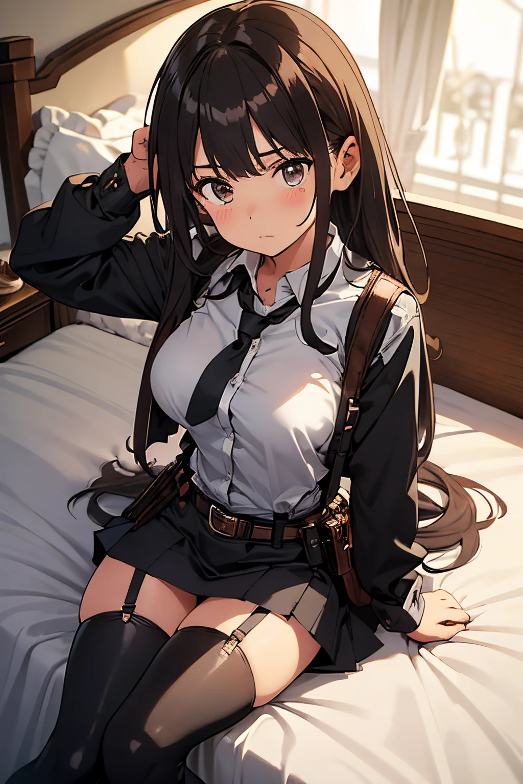 Brown hair、watching at viewers black suspenders Bulging big breasts walls: Black miniskirt garters Gaze Small face bangss holster Belt Armament Beautuful Women srestrained hands up Lying in bed Leg holster lying on the bed Gaze black boots panty shot