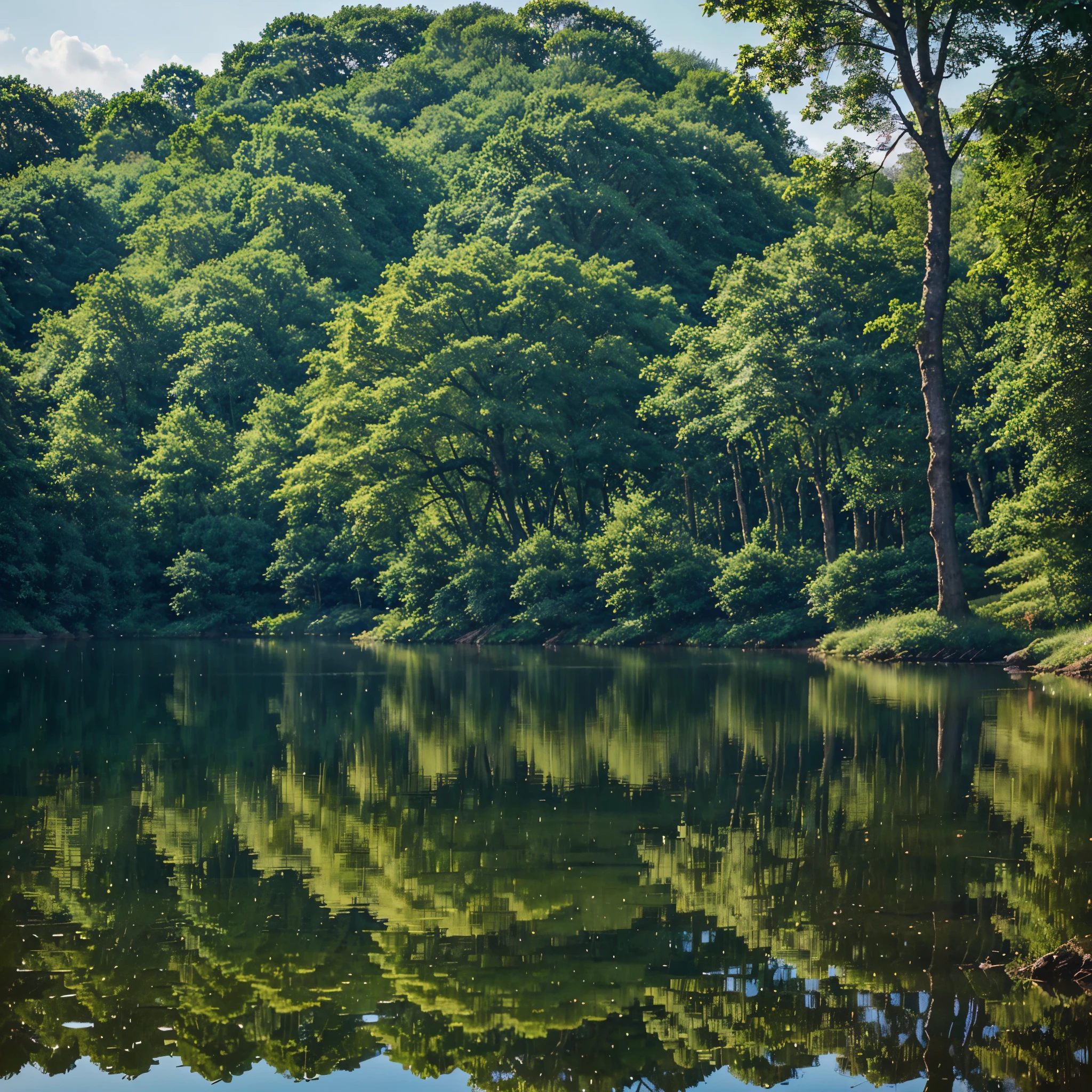 A serene and tranquil landscape unfolds before the viewer's eyes. The image, reminiscent of a breathtaking painting, captures the essence of nature's beauty. Nestled amidst a picturesque park, a majestic tree stands tall at the edge of a crystal-clear lake, its verdant branches reaching towards the heavens. The reflection of the tree in the calm waters creates a mesmerizing symphony of colors, mirroring the enchanting blue of the sky above. Surrounding the lake, a lush forest teems with life, adorned in vibrant shades of green. The image evokes a sense of harmony and tranquility, inviting the viewer to escape into the idyllic countryside and embrace the wonders of the natural world.