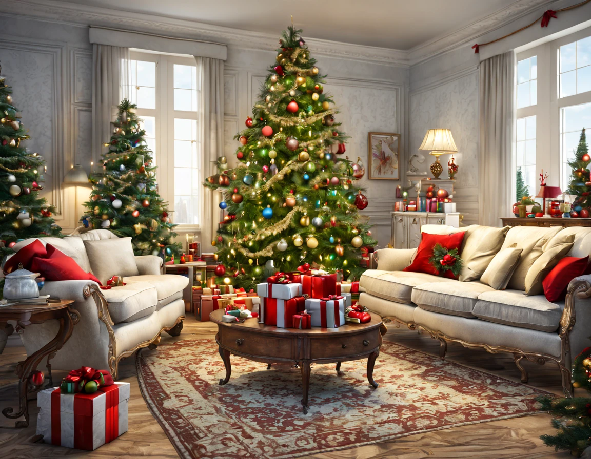 Realistic illustration, Christmas atmosphere，Christmas tree，Lots of gifts，Beautiful living room, Fascinating, Furnished with lovely antique sofas, There are carpets, Lots of gifts