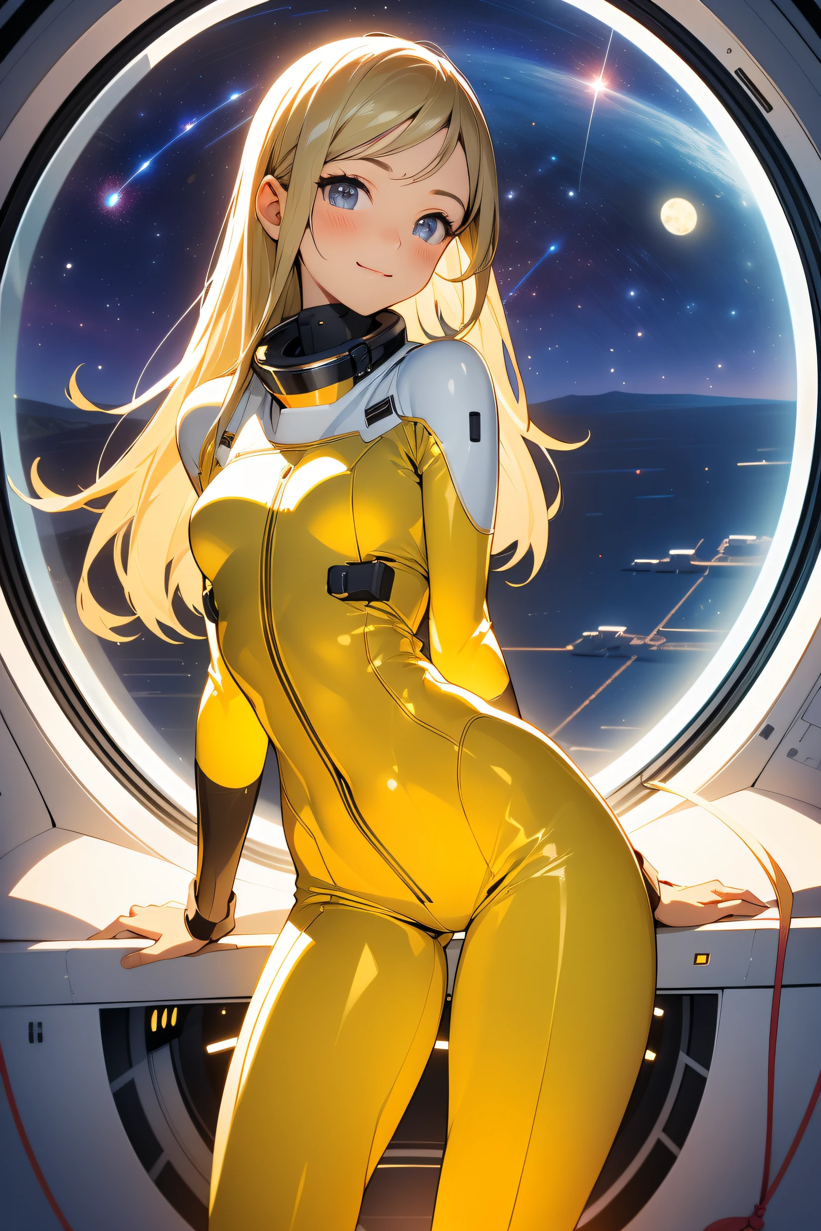 (masterpiece, best quality:1.2), (cowboy shot:1.1), solo, 1girl, mori yuki, slight smile, closed mouth, side view, looking at viewer, blonde hair, long hair, thigh gap, yellow bodysuit, skin-tight, perfect body, large window, (starship porthole:1.3), (spread legs:1.3), (standing:1.1), thigh gap, sensual pose, sideview, perfect hands, bright starship interior, (outer space view:1.1), (orbital view:1.3), (night, stary sky:1.5), milky way
