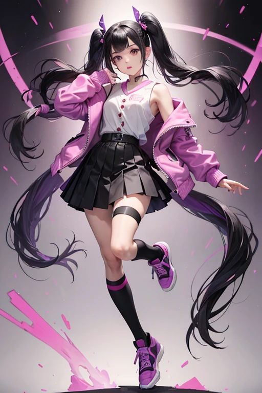 ,Long black double ponytail hair,Pink eyes,Futuristic off-the-shoulder sailor uniform school uniform dress,huge tit,of girls,black lence stockings,Standing barefoot and wearing only stockings,Hair scattered around the waist,,cheerful grin,Jumping up innocently,mid air,Beautiful backdrop setting