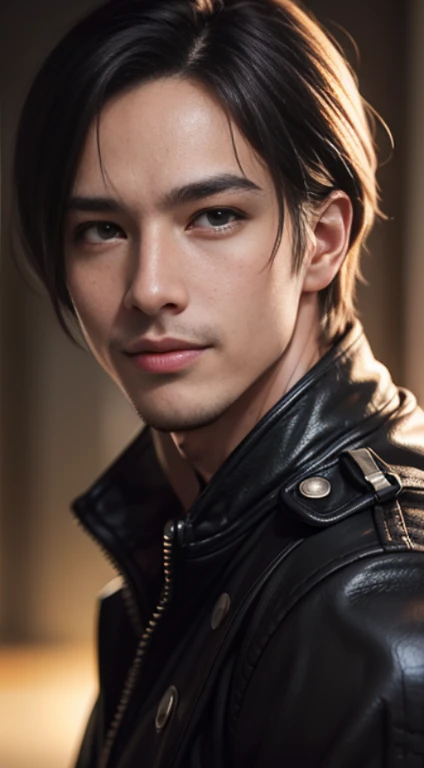 ((Men only)), (head shot), (only face), (Handsome muscle man in his 20s), (Leon Kennedy), (Mischievous smile), (detaile: 1 in 1), Natural muscles, HIG quality, beautidful eyes, (Detailed face and eyes), (Face、: 1 / 2), Noise, Real Photographics、... ...................................................................................................................PSD, Sharp Focus, High resolution 8K, realisitic & Professional Photography, 8K UHD, Soft lighting, High quality, Film grain, FujifilmXT3