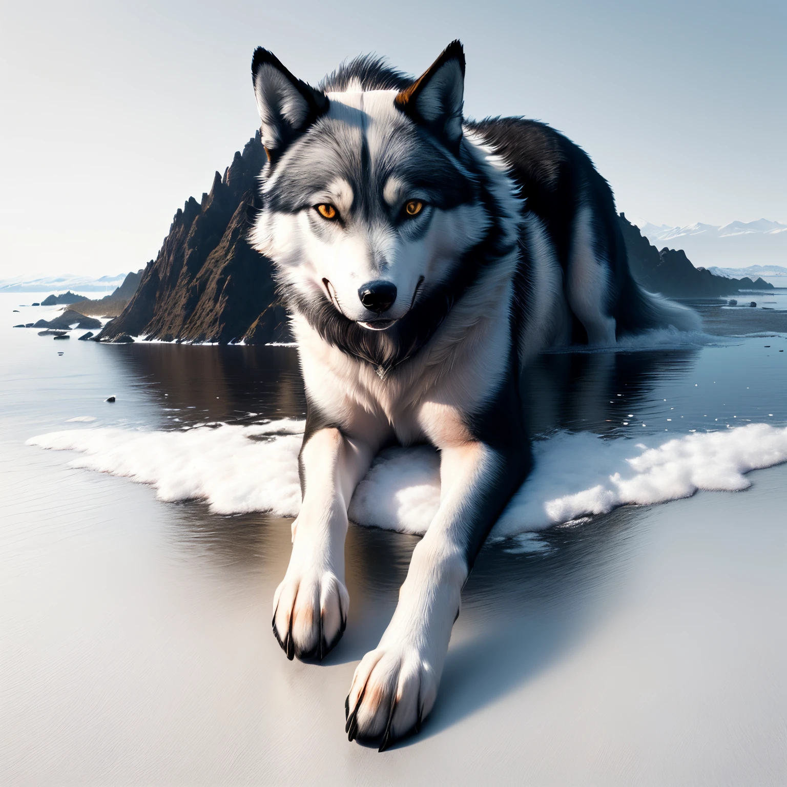 Create a white dog with black spots like a wolf on a mountain just above and below you can see a very large lake, in that a rainbow of black with white, the image in 3D and everything in black and white