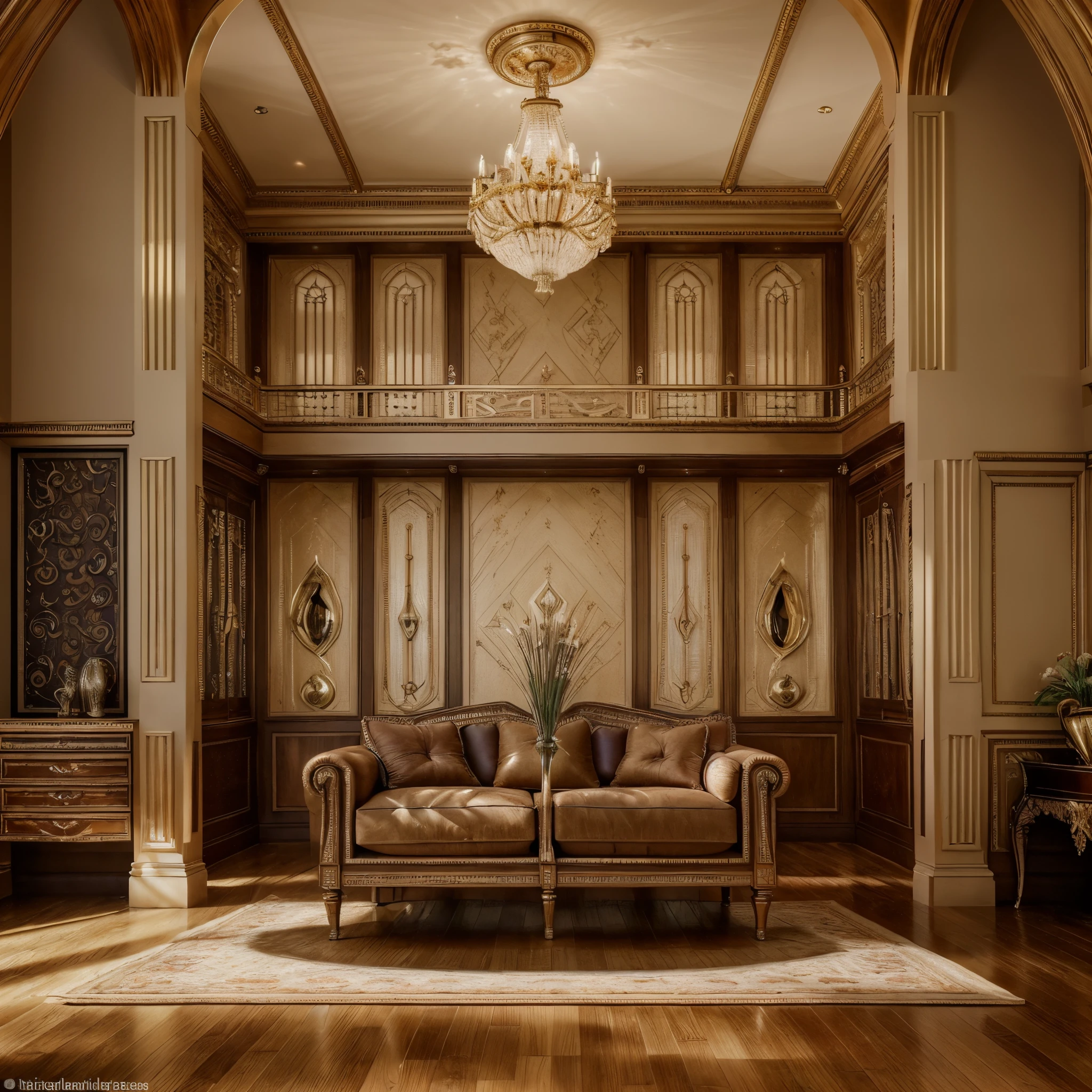 In the midst of an opulent interior, a cozy living room is nestled within a grand house, adorned with exquisite furniture and architectural details. A wooden table sits near a large window, allowing abundant light to fill the room, casting a warm glow on the elegant chair placed alongside it. The stunning photograph captures the essence of luxury, with the intricate design of the house showcased in every detail. With a beautifully polished wood floor and tastefully curated decor, this image exudes sophistication and comfort. It perfectly encapsulates the harmony found inside a luxurious loft, creating an atmosphere that invites relaxation and indulgence.