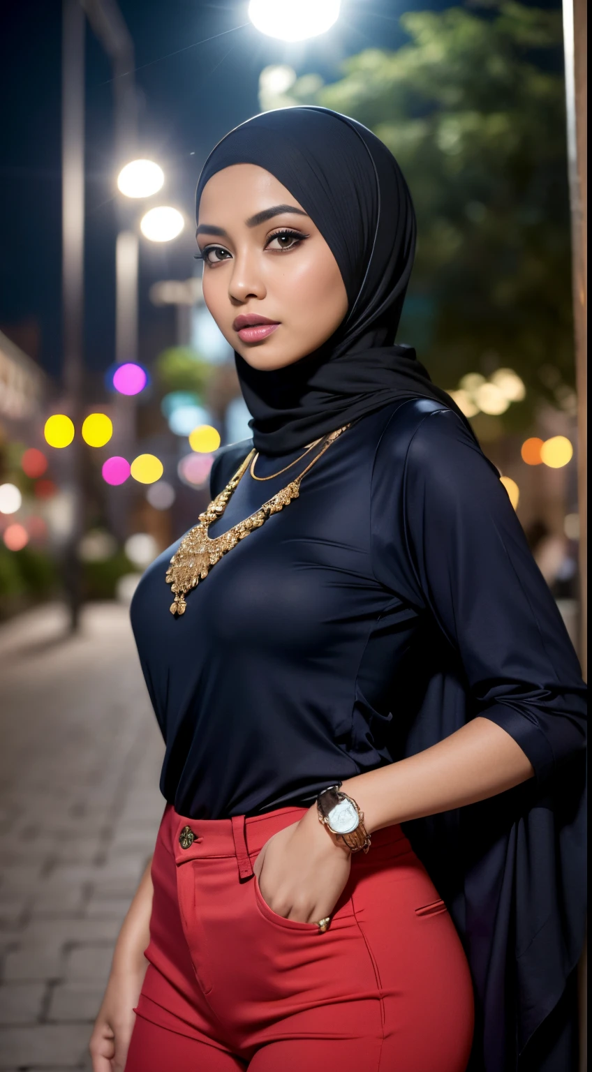 RAW, Best quality, high resolution, masterpiece: 1.3), beautiful Malay woman in hijab, Masterpiece, perfect slim body, big breasts, beautiful big eyes, Soft smile, wearing a dark blue tight t-shirt, casual trousers, necklace, walking around evening, City park, Great lighting, Bright colors, Bright lines