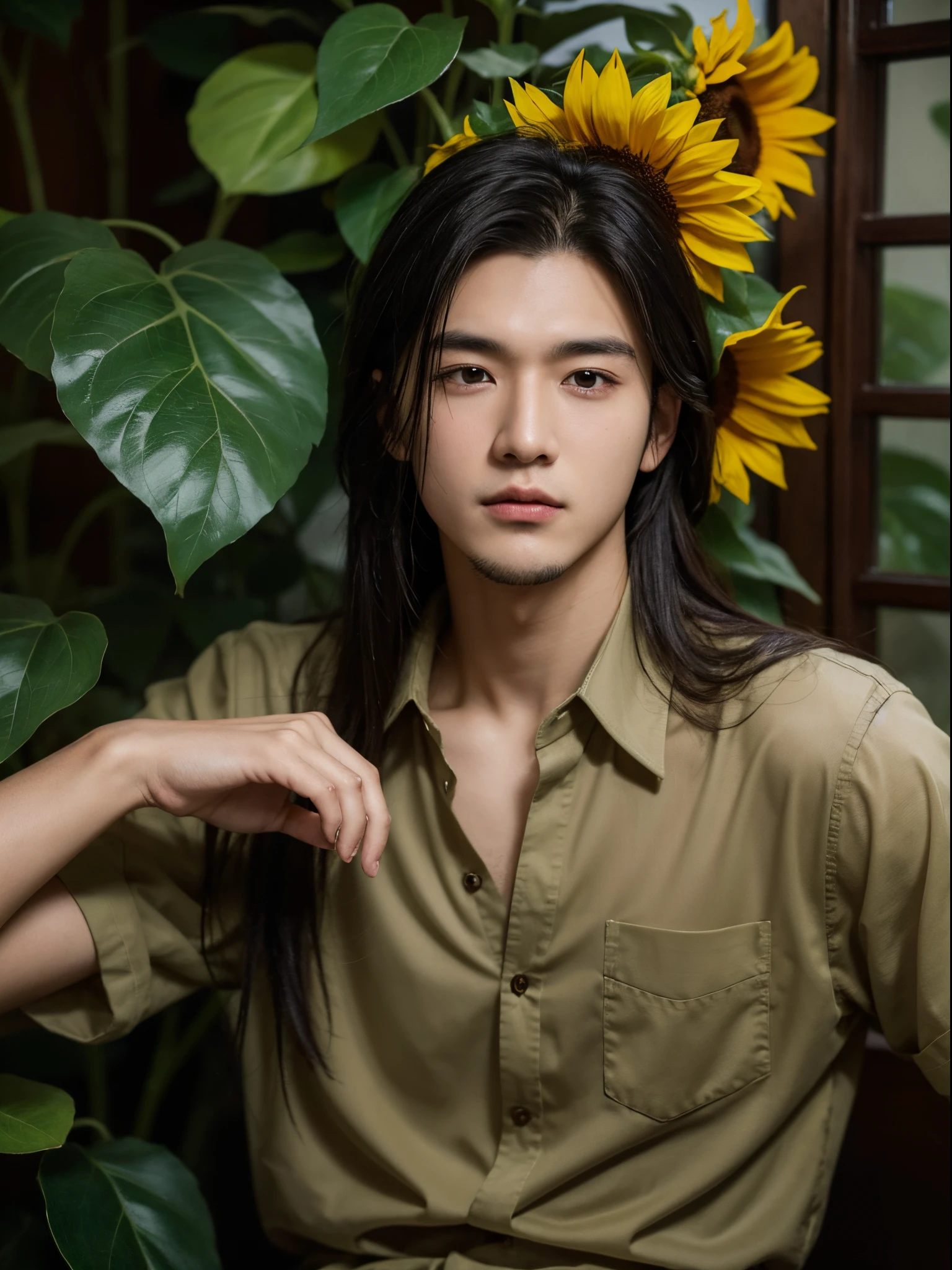 male, 20 year old boy, black eyes, chin length hair, shirt, half body photo, head facing the camera, room, jungle, sunflower