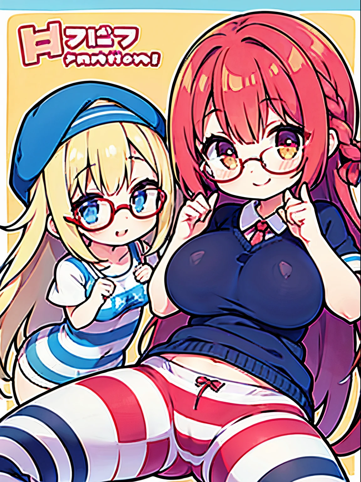Glasses、animesque、huge tit、a smile、opening legs、underpants、braid、3Head and body、girls striped pants