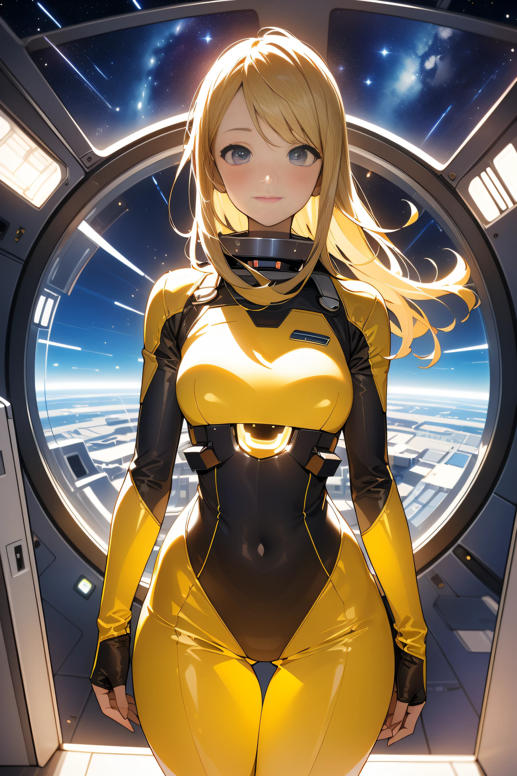 (masterpiece, best quality:1.2), (cowboy shot:1.1), solo, 1girl, mori yuki, slight smile, closed mouth, side view, looking at viewer, blonde hair, long hair, thigh gap, yellow bodysuit, skin-tight, perfect body, large window, (starship porthole:1.3), (spread legs:1.3), (standing:1.1), thigh gap, sensual pose, sideview, perfect hands, bright starship interior, (outer space view:1.1), (orbital view:1.3), (night, stary sky:1.5), milky way